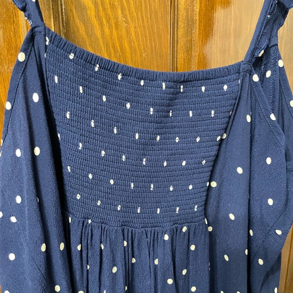 Madewell Ruffle-Strap Button-Front Sundress Dress in Navy Blue Tan Polka Dot 6 - Picture 7 of 8